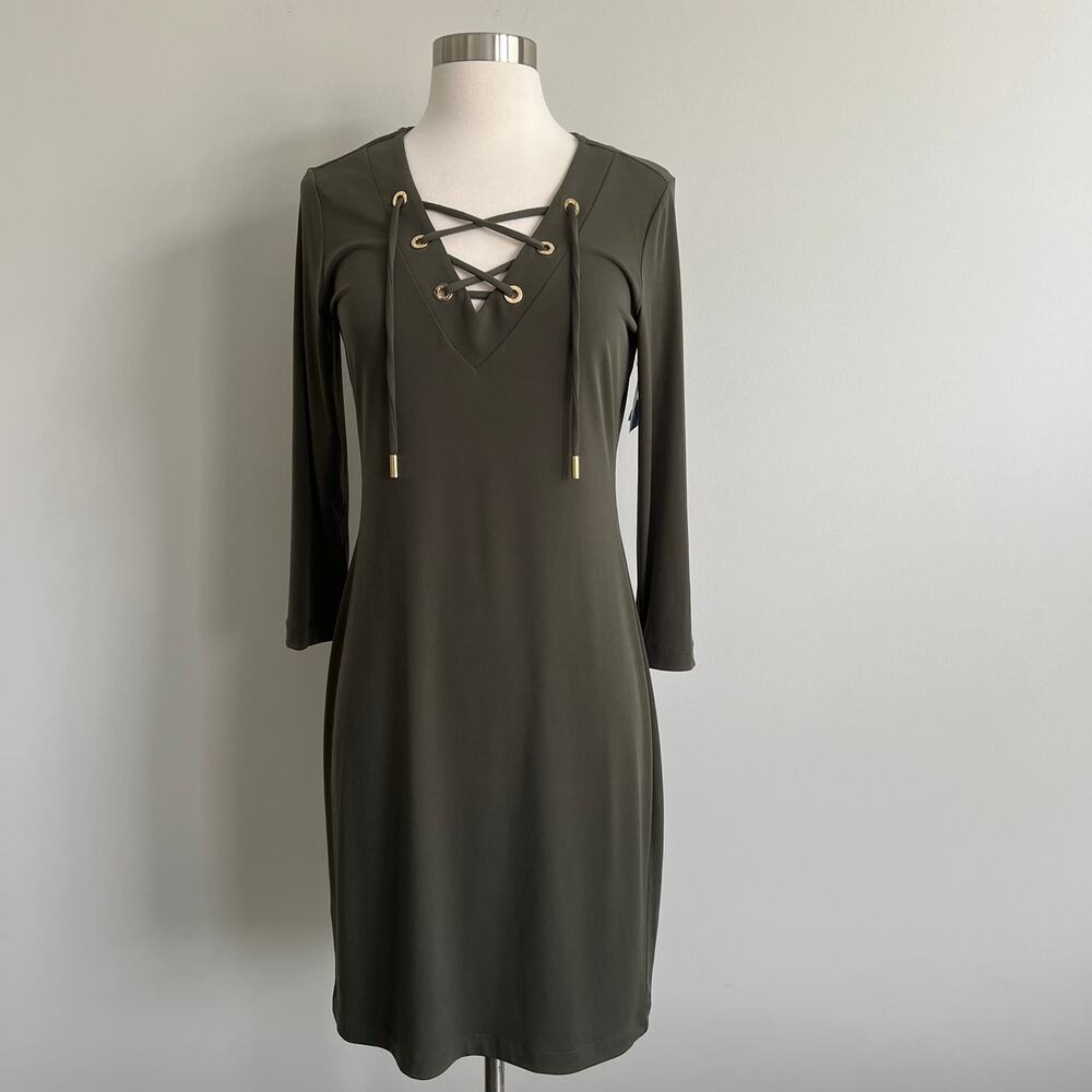 Calvin Klein Lace Up Long Sleeve Dress Soft Slinky Packable 4 Olive Green NWT